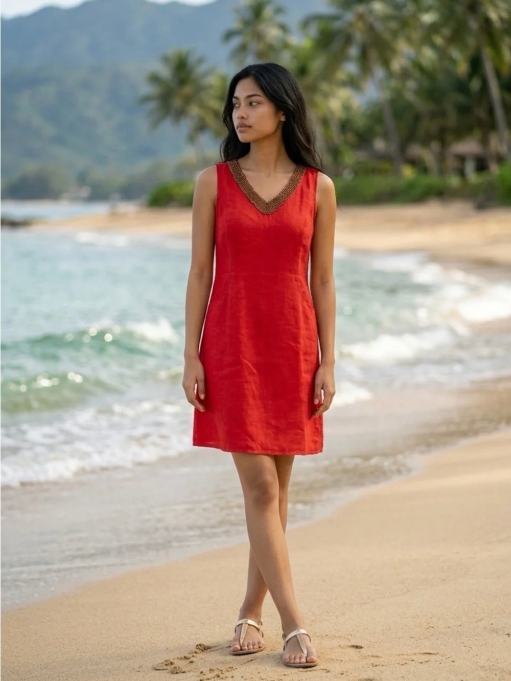 Lina Tomei Red 100% Linen Dress Beaded V-Neck Sleeveless Sz S